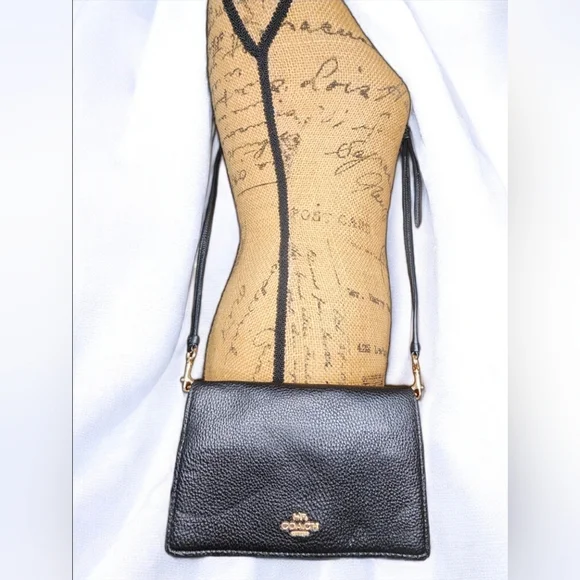 Coach Anna Foldover Leather Clutch Crossbody Bag In Black - Picture 8 of 11